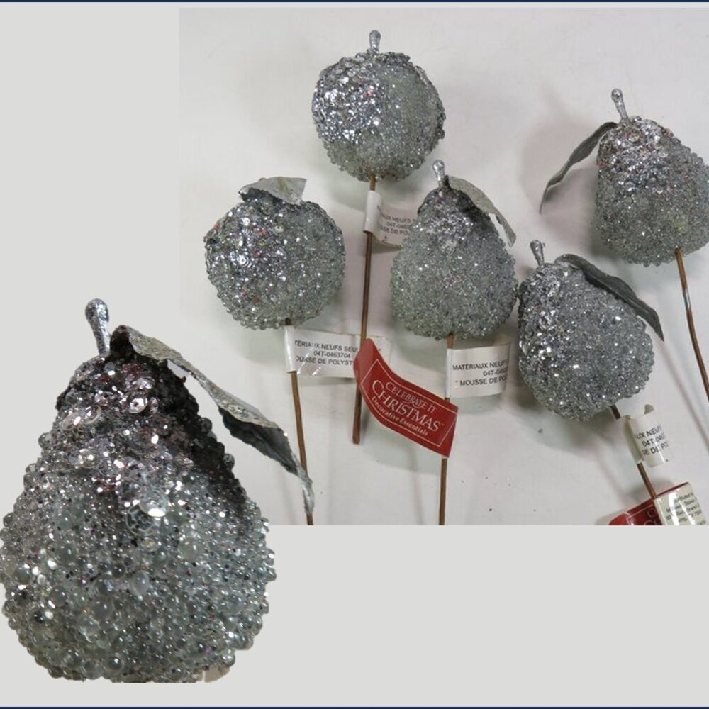Silver Beaded Glittered (5) total : (2) Apples (3) Pears Fruit Christmas Winter
